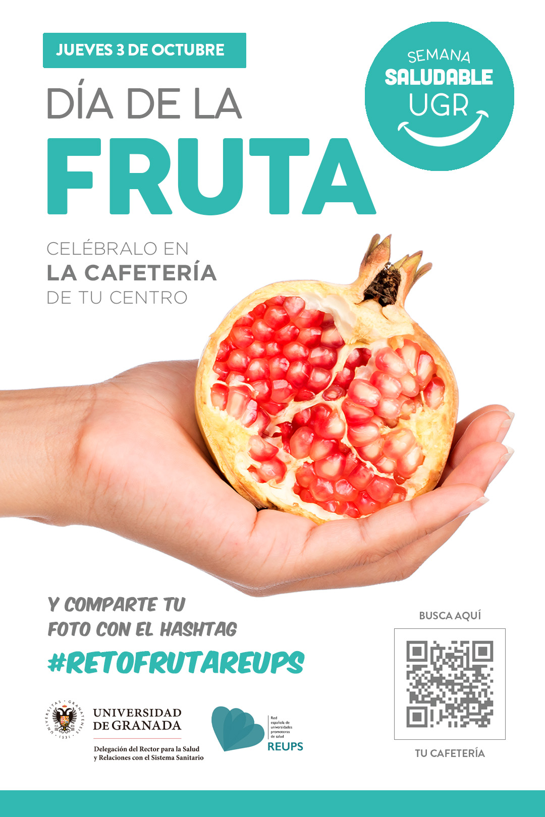 La imagen muestra los detalles sobre el día de la fruta y un QR donde se especifican cafeterías participantes